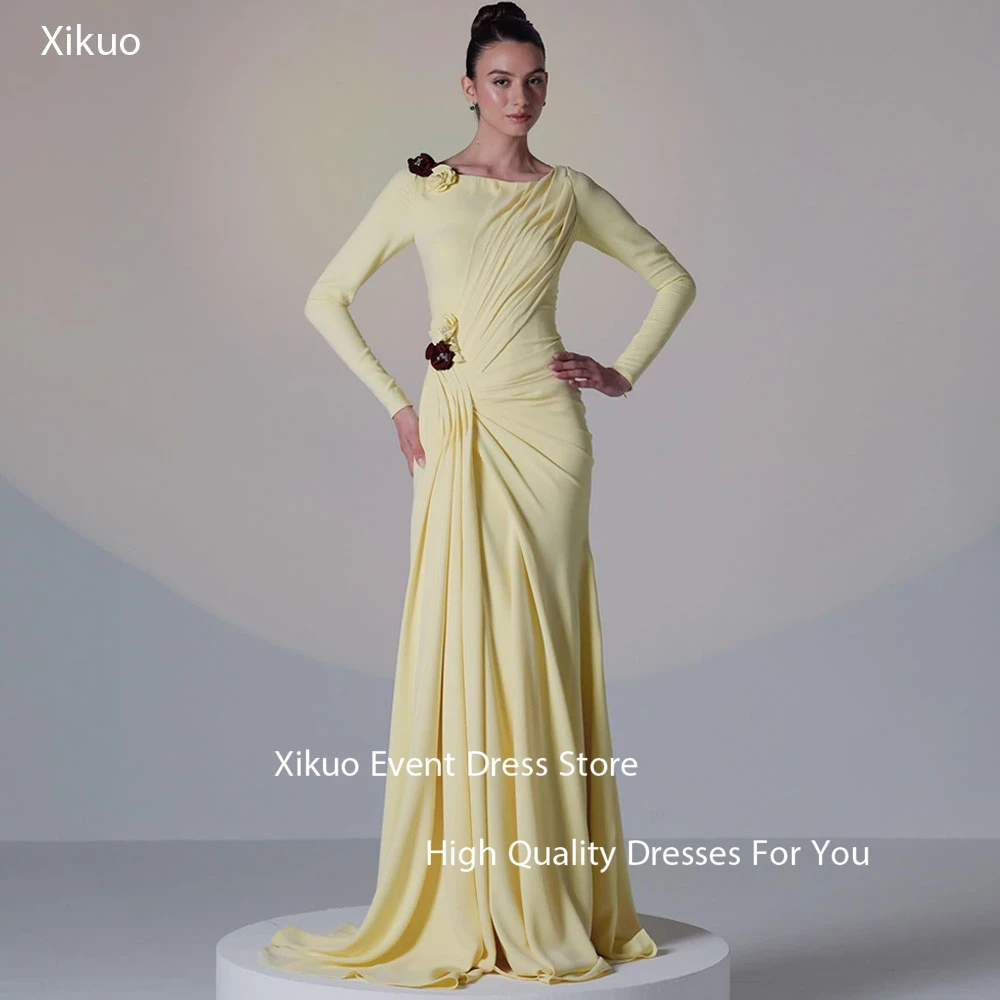 Xikuo gracioso amarelo vestidos de baile sereia o pescoço vestidos para eventos mangas compridas 3d flores festa vestidos de noite personalizado