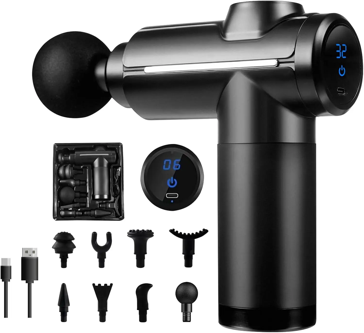 Pistola de masaje Masajeador de percusión muscular de tejido profundo, 32 velocidades con pantalla táctil LCD 8 cabezales Hombro Cuerpo Cuello Espalda Relajación