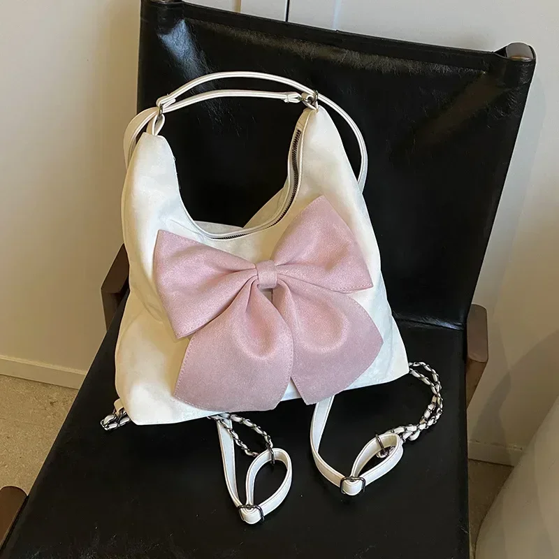 Bolso de hombro con lazo grande para mujer, mochila elegante de PU suave Kawaii de gran capacidad, estilo Ins, a la moda