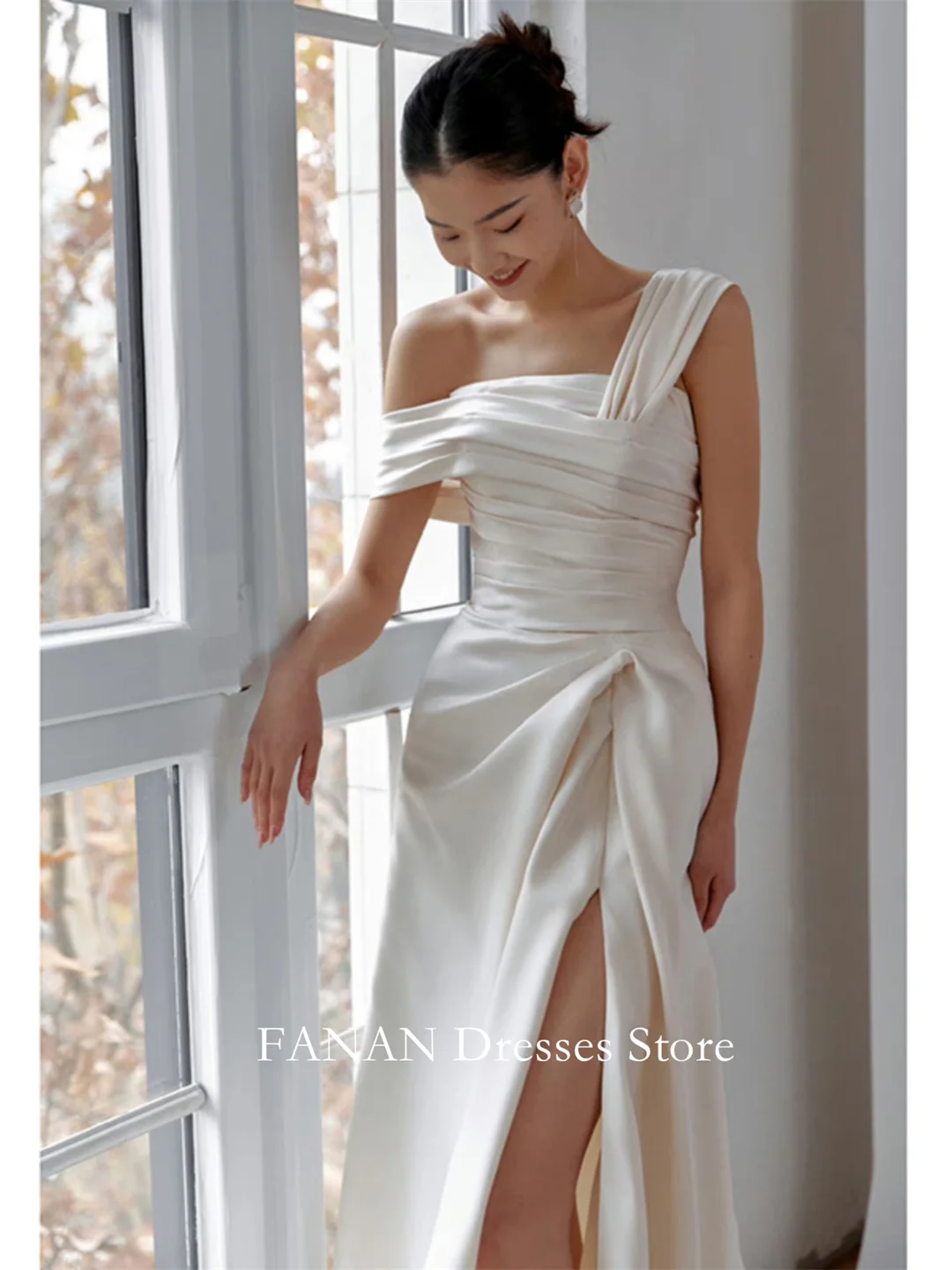 FANAN Korea One Shoulder High Slit Wedding Dresses 웨딩드레스  Travel Photography Classic Custom Made Satin Bride Gowns Plus Size