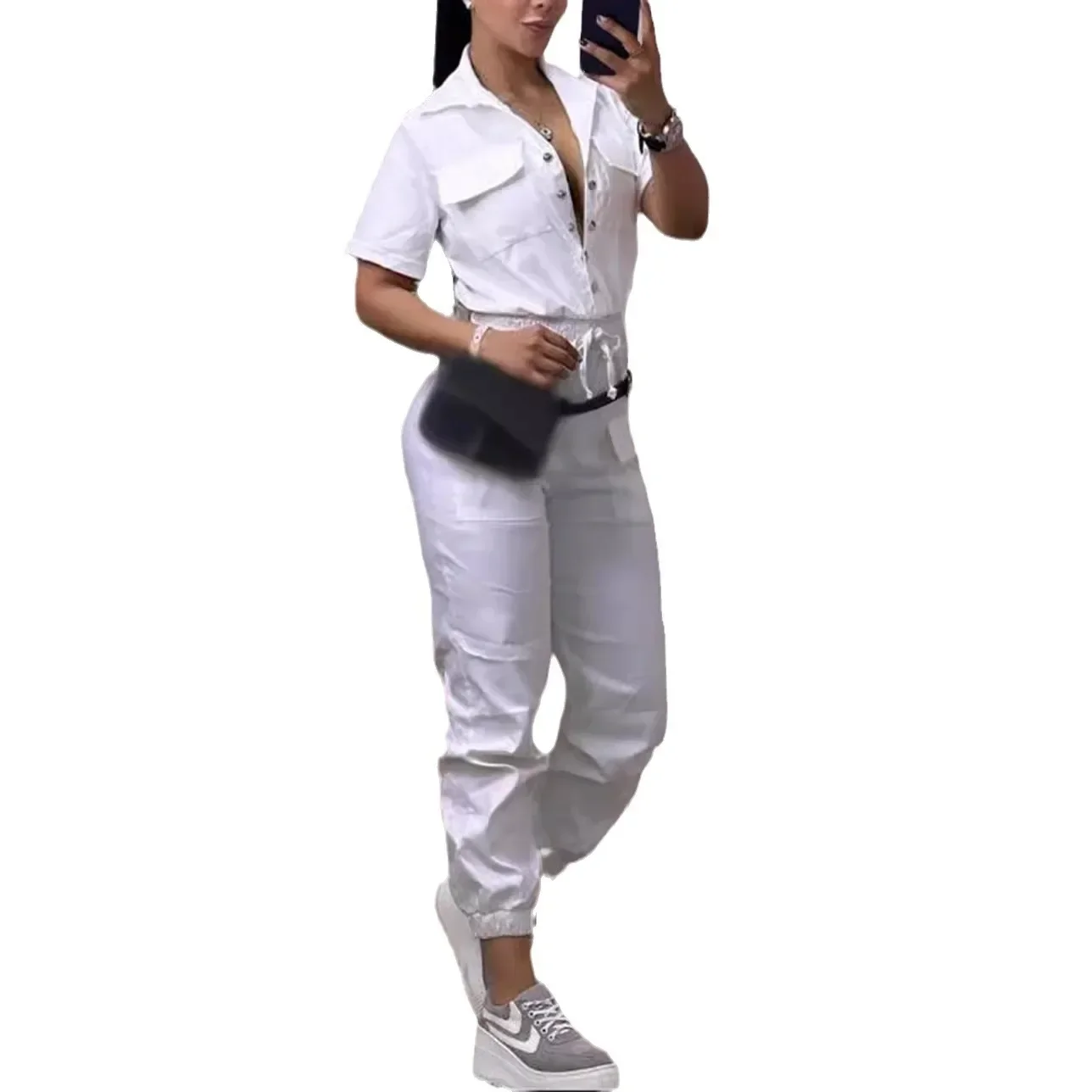 Women\'s Clothing Short Sleeve Slim Fit Waist Fashion Cargo Jumpsuit Pants Overall Solid Color Button