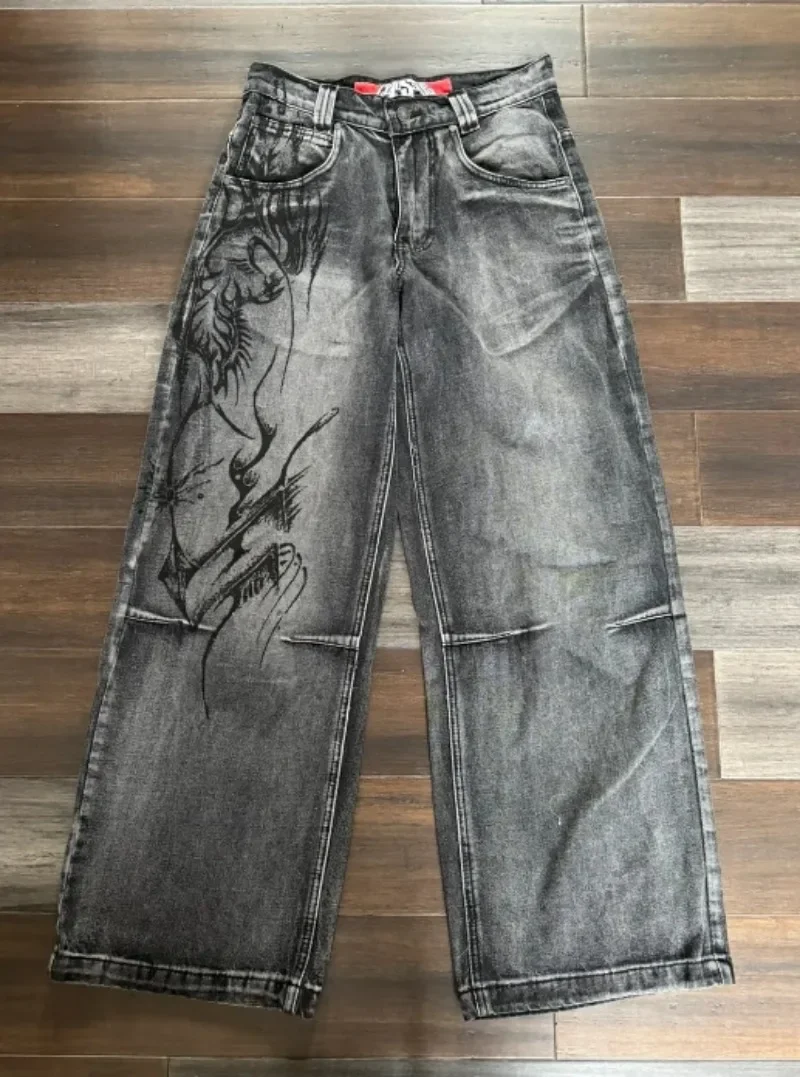 

2024 New American Harajuku Vintage Print Jeans Y2K Women Washed Gray Straight Pants Street Gothic Loose Unisex Trousers Tide ems