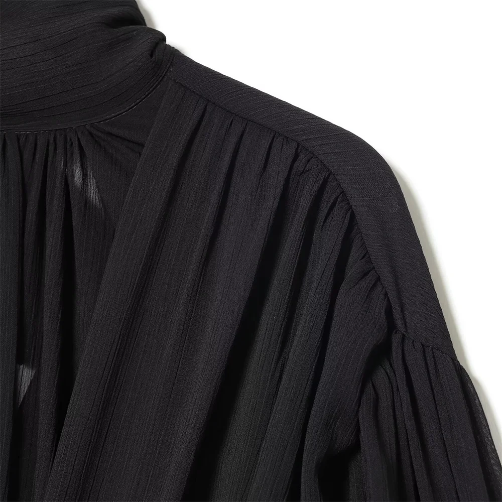 Inverno nova moda feminina gola alta manga comprida design inchado curto semi transparente camisa balão plissado
