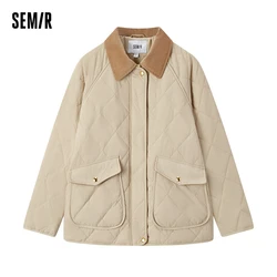 Semir Cotton Jacket Women Mid-Length Lightweight Loose Patchwork Lapel 2024 New Winter Rhombus Quilted Cotton Jacket