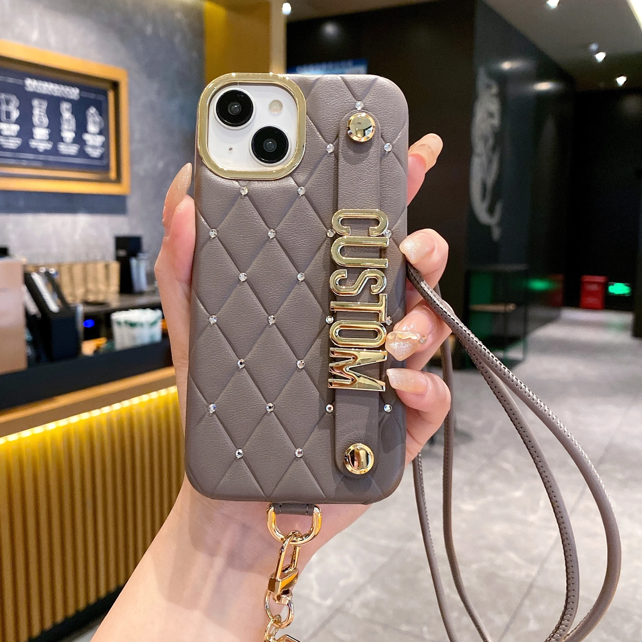 Customized name letter full diamond leather Phone case wristband holder for iPhone16 15 14 13 12ProMAx crossbody lanyard Cover