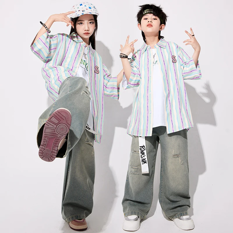 Boys Hip Hop Outfits Stripe Shirt Cargo Pants Girls Street Dance K-pop Pants Children Streetwear Clothes Sets Kids Jazz Costumes