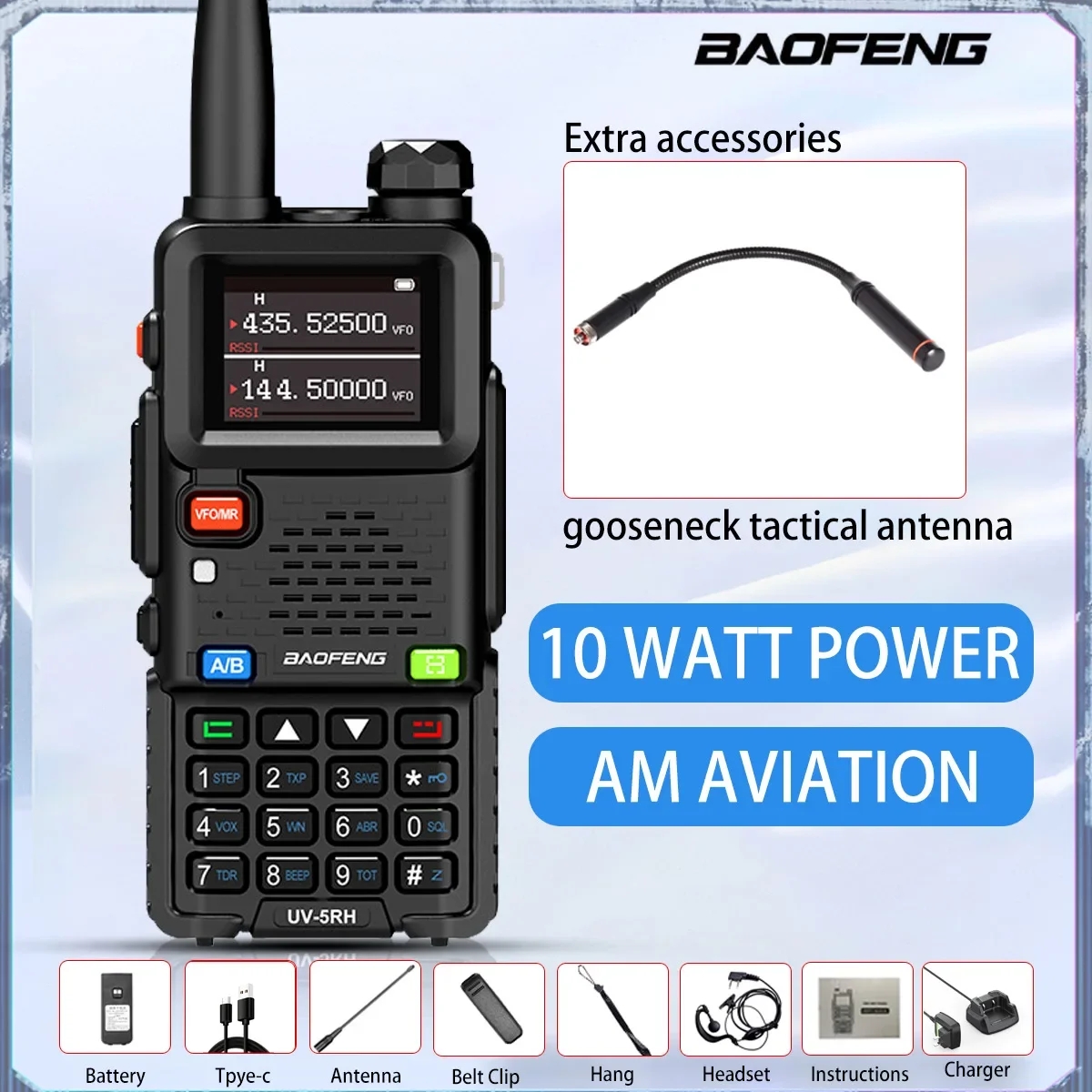 Practical bestseller BAOFENG  BF-UV5RH Walkie Talkie One Key Frequency Copy Type-C Charging Dual Band Dual Display Anti-Interfer