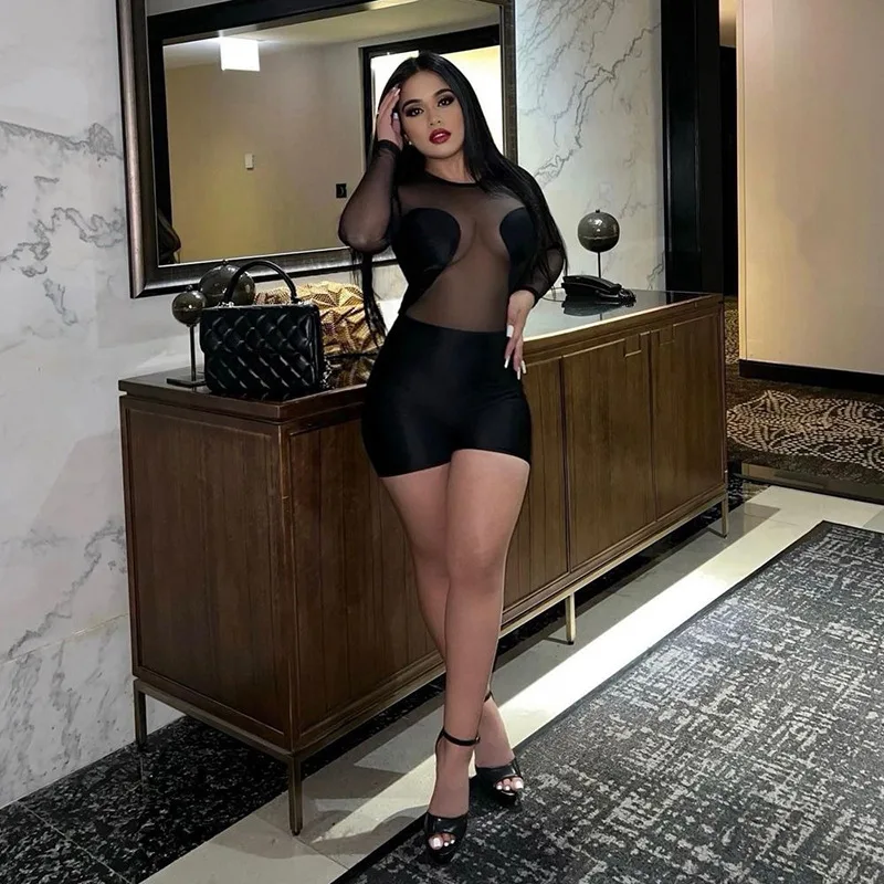 

Women's High-Waist Short-Short Onesie Bar Style See-Through Sexy Splice Batherwear Polyester Fabric Autumn New Arrival