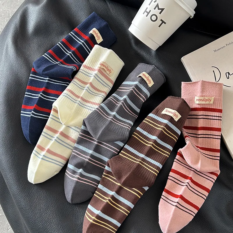 

Korean striped socks women 2025 autumn new mid calf socks with heel letter label fashion stack socks