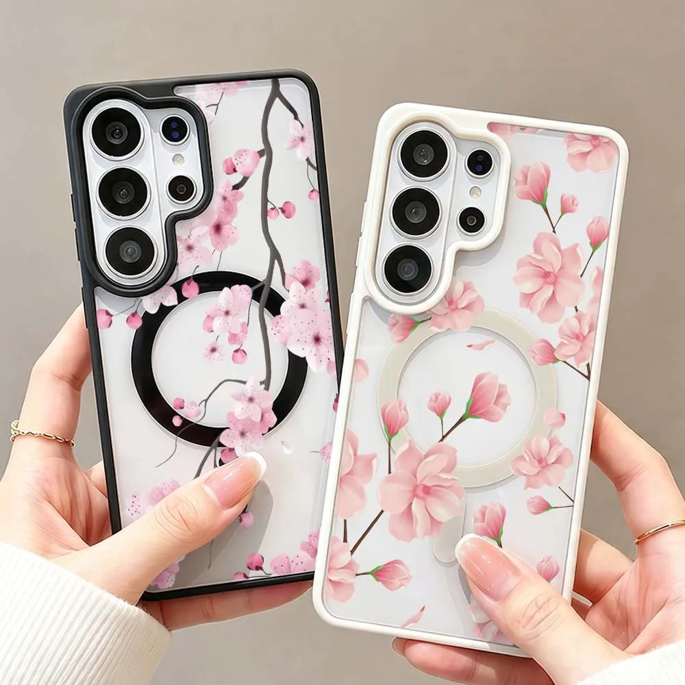 Pink Cherry Blossom Pattern Phone Case For Samsung Galaxy S26 S25 S24 S23 FE Plus Ultra Wireless Charge Magnetic Magsafe Cover
