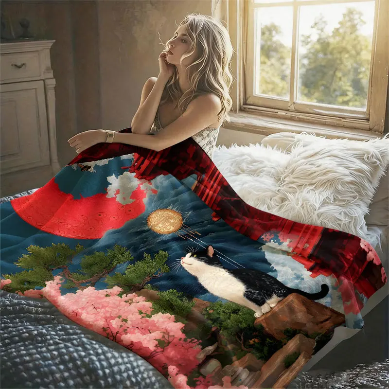 Japanese Cat Pagoda Moon Flannel Blanket Perfect for Sofa Office Bed Travel Sleep Read Relax Camping Four Season Use