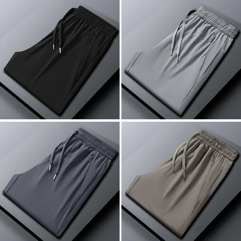 2024 Summer Men New Solid Color Straight Cylinder Ice Shreds Breathable Trousers Large Size Bundle Opening Loose All-match Pants