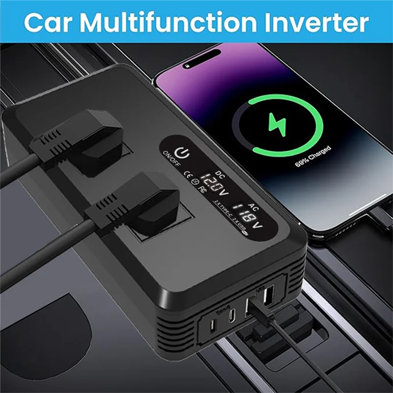 

A90Q-Car Inverter 200W DC 12V To 110V AC Power With USB Ports Charger Adapter LED Screen Car Plug Converter