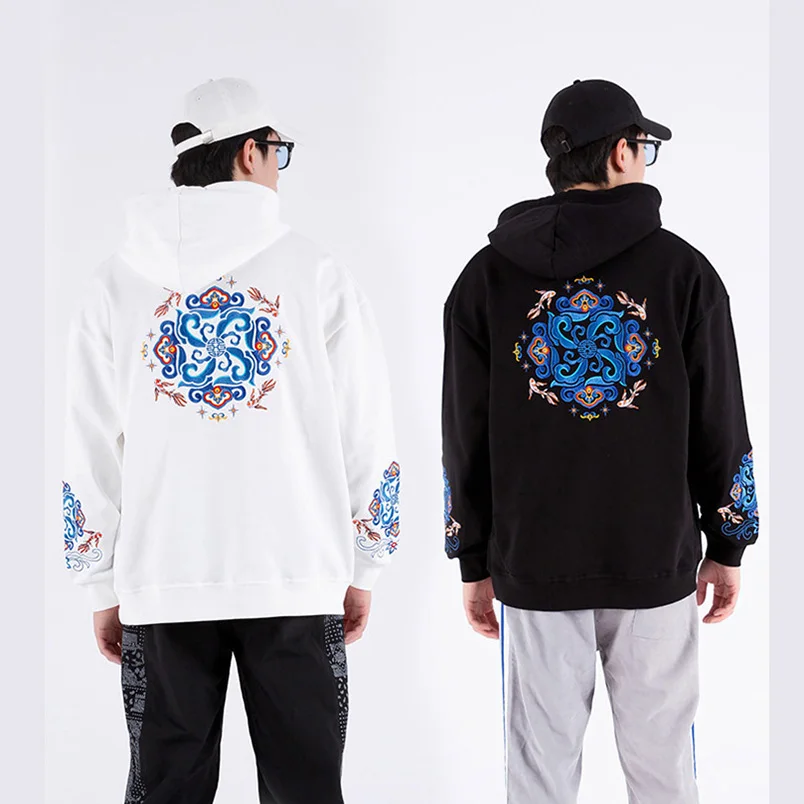 Men Floral Embroidery Sweatshirt Harajuku Sukajan Hooded Hoodies Hip Hop Luxury Cotton Couple Pullover 2025 Spring Z1