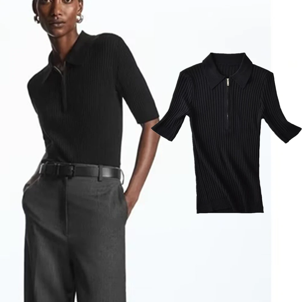 

Jenny&Dave Fashion Ladies Polo Collar Zipper Knit T-Shirt Women Top Slim Fit Casual Summer Short Sleeve