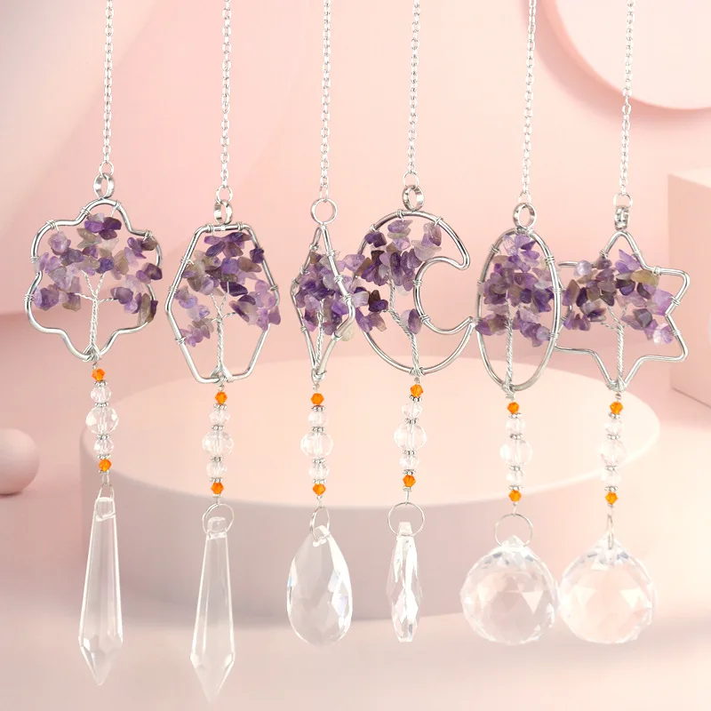 6pcs Crystal Sun Light Catcher Pendant Chip Stone Amethysts Tree of Life Ornaments Hanging Drop Outdoor Garden Home Decor