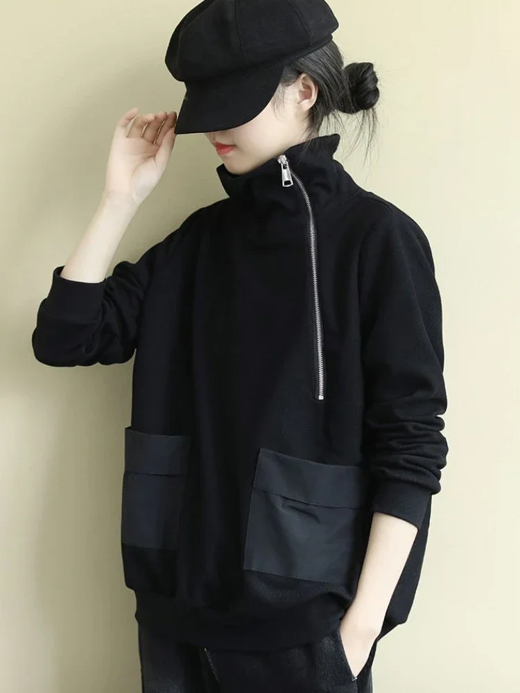 

Black With Zipper Women's Sweatshirt Full Zip Up Woman Clothing Pullovers Top Plain Thick Cheap And Korean Style Trend Xxl Goth