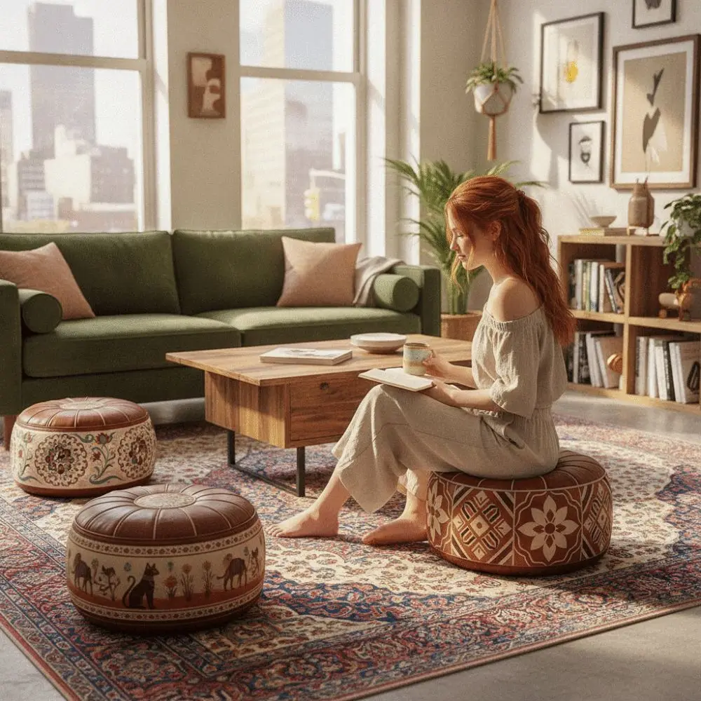 Boho Pattern Ottoman Pouf PU Leather Large Opening Footstool Cover Fillable Design Water Resistant Round Pouf Cover Home Use