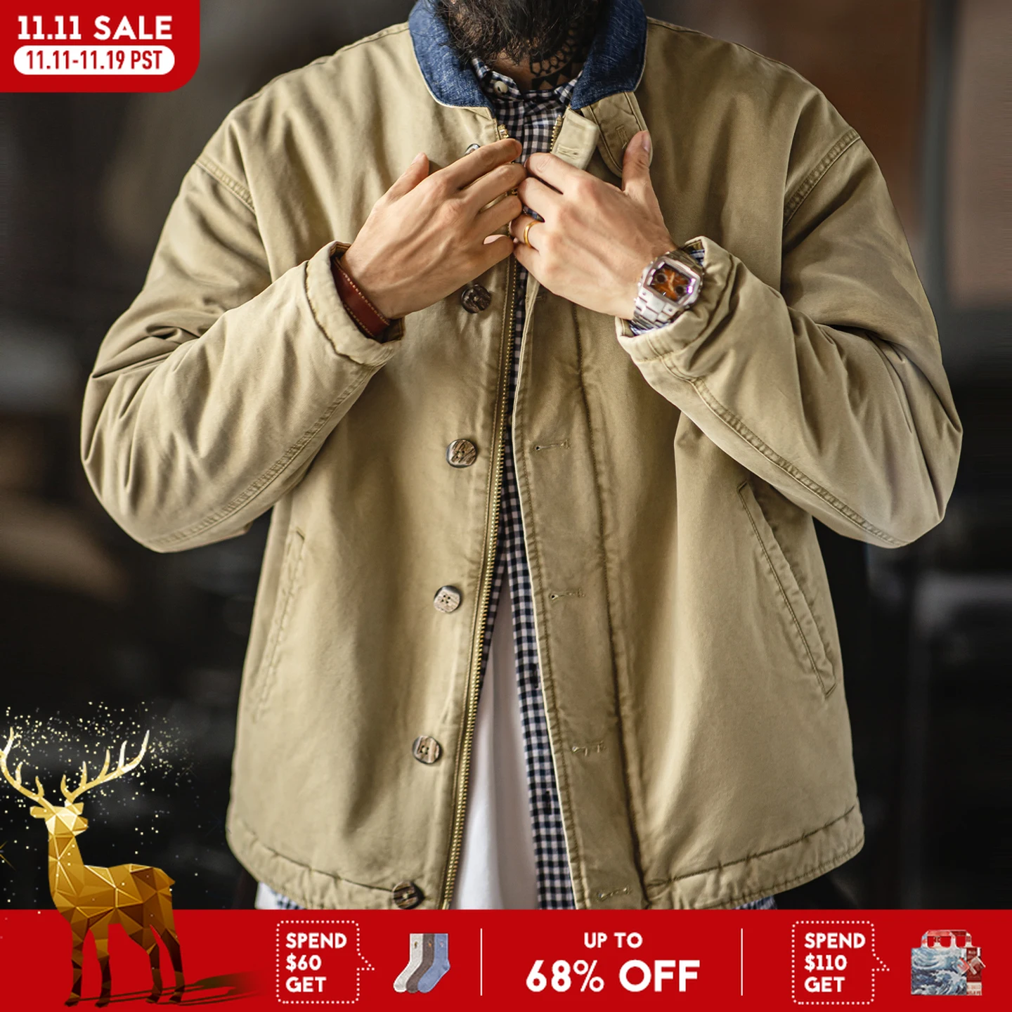 سترة Maden الرجالية الكلاسيكية N-1 ذات الوزن الثقيل المملوءة بالقطن معطف قصير بياقة واقفة سترة واقية دافئة لخريف وشتاء #1