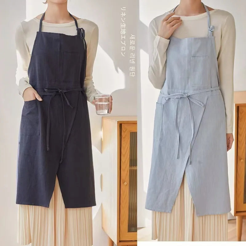 Custom Logo Apron Split Hem Breathable Linen Baking Workwear Unisex Split Front Apron Custom Embroidery Cafe Bakery