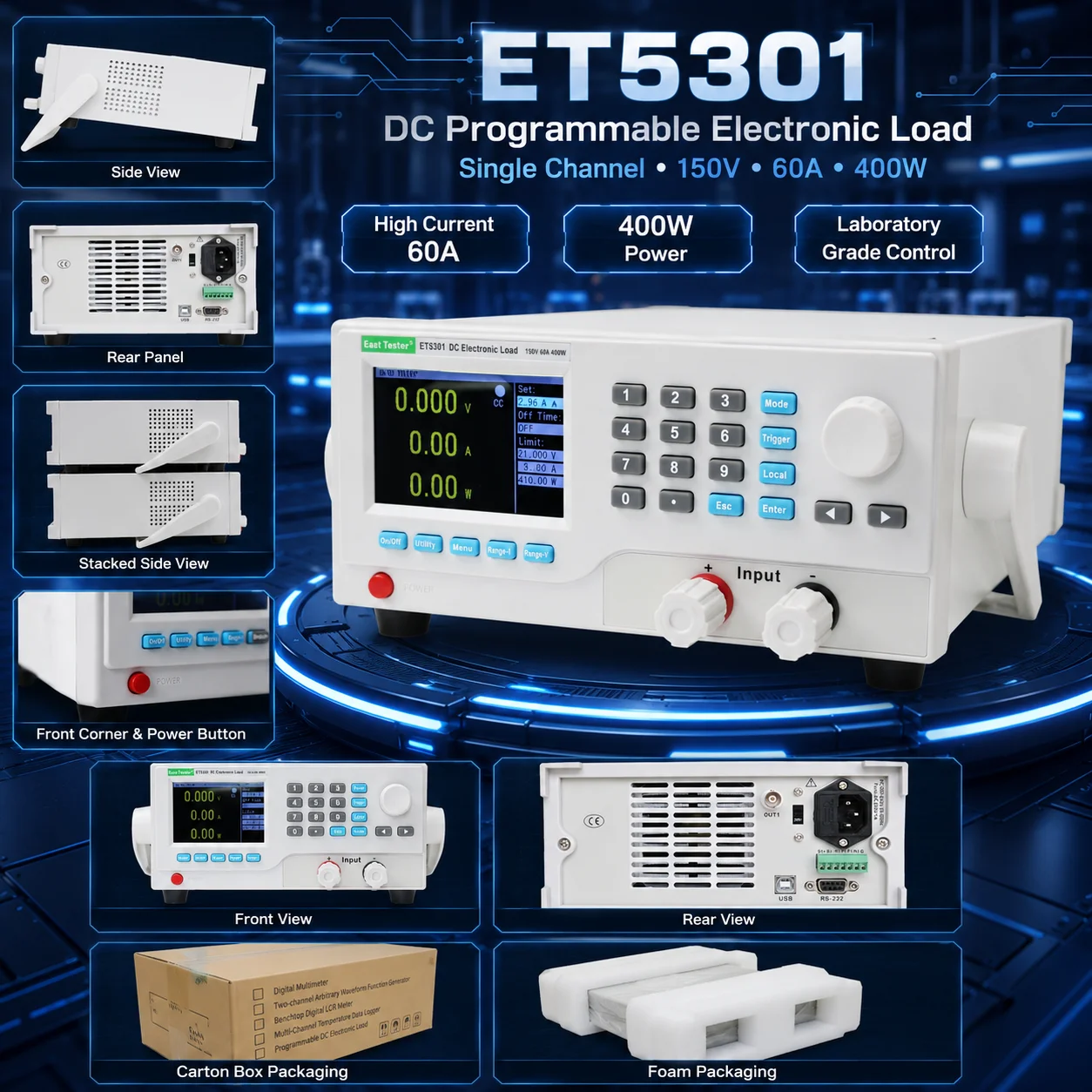 ET5301 Bench DC Load Tester, 400W 150V 60A Programmable Electronic Load with Laboratory Grade Control, Numeric Keypad
