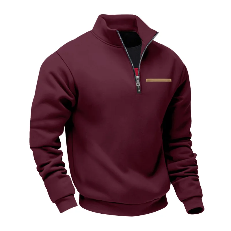 Amerikanischer Herbst- und Winter-Herrenpullover aus schwerem Fleece mit langen Ärmeln, halbem Reißverschluss, lockerem Schnitt und Stehkragen – Detail 24