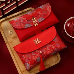 New Year Blessing Words Brocade Red Envelope Brocade Cloth Tassel Embroidery 2025 Money Pocket Best Wishes Spring Festival