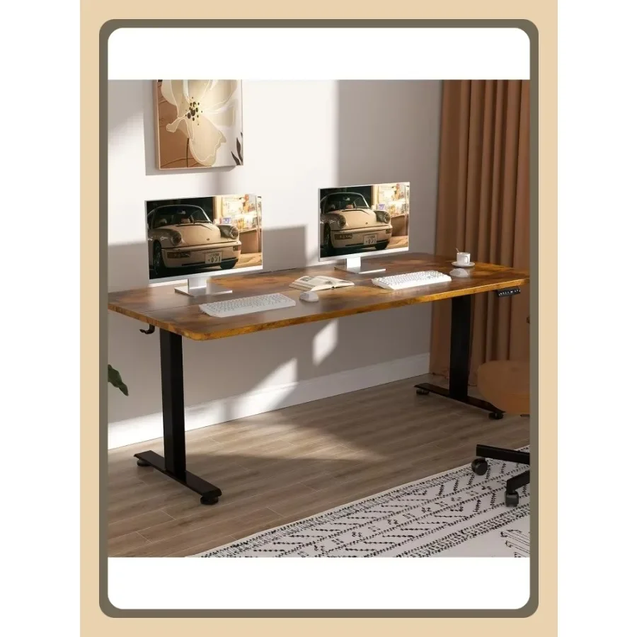 63" Electric Standing Desk, Height Adjustable Sit Stand Workstation with Wood Top, Brown