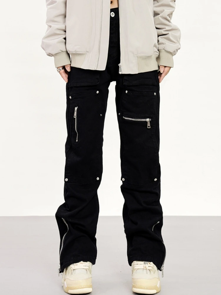 

Джинсы с высокой талией и прямыми штанинами, с молниями, модные женские и функциональные мужские, повседневные, весенние