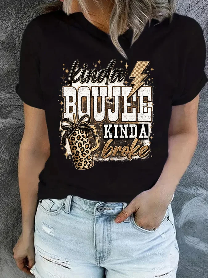 Kinda Boujee Kinda Broke T Shirt Women Funny Sarcastic Slogan Graphic Tees Leopard Cup Checkered Lightning Printed Burgundy Crew Neck Short Sleeve Top