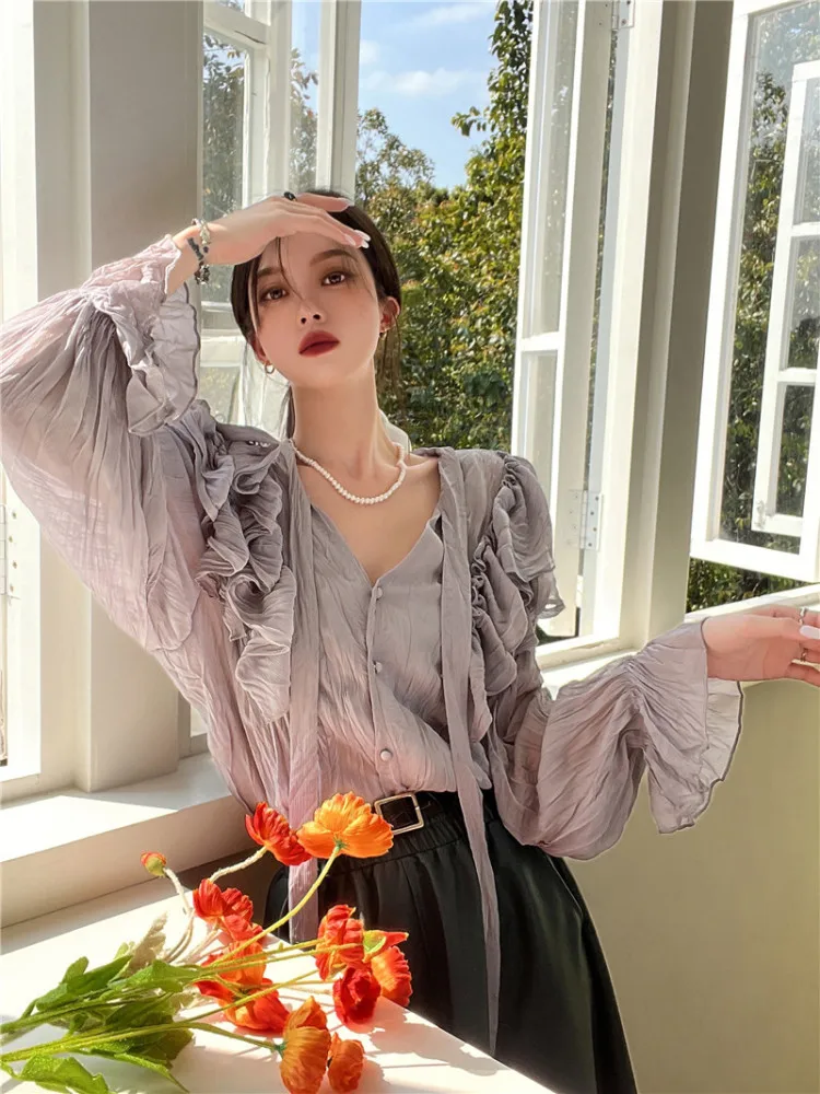 Women Vintage V Neck Ribbon Blouse 2022 New Female Spring Summer Single Breasted Ruffles Full Sleeve Shirts Elegant Tops