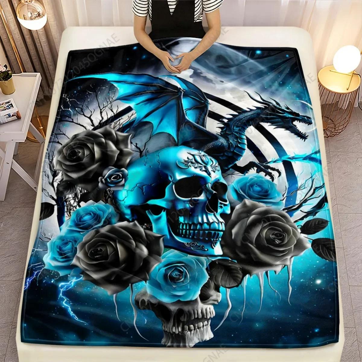 Custom 1pc Dragon And Skull HD Printed Blanket. Soft And Warm Flannel Blankets For Travel, Camping, Sofa, Livingroom, Couch, Cha