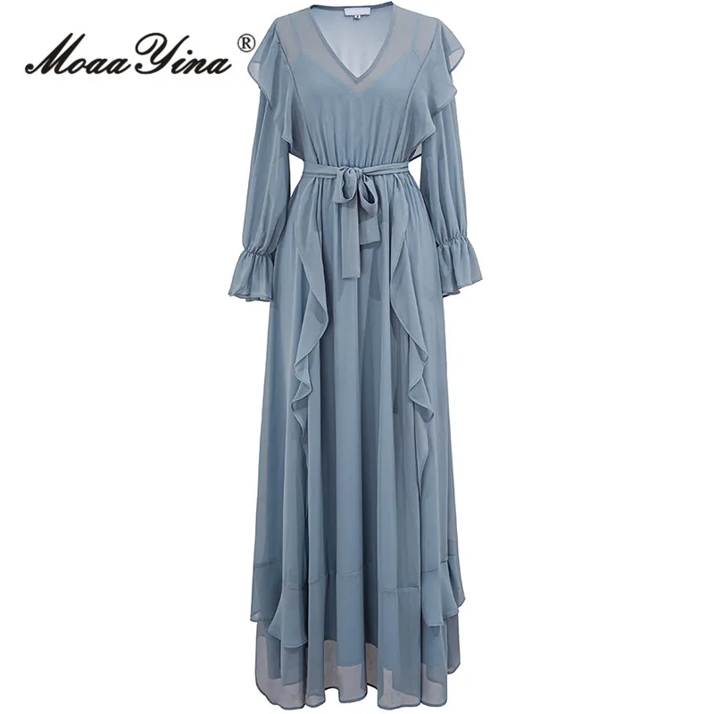 

MoaaYina Spring Fashion Designer Light Blue Vintage Dress Women's Lantern Sleeve Elastic Waist Ruffles Frenulum Slim Long Dress