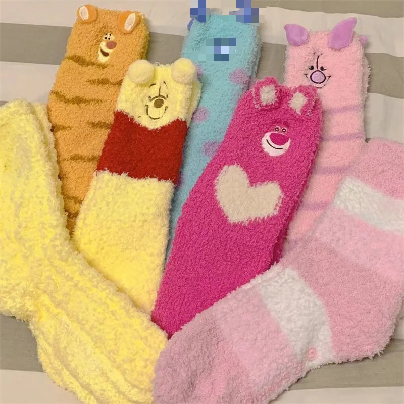 Disney Lotso PoohBear Tigger Piglet Cartoon Autumn and Winter Plush Warm Floor Socks Girly Heart Sleep Cold-proof Mid-calf Socks