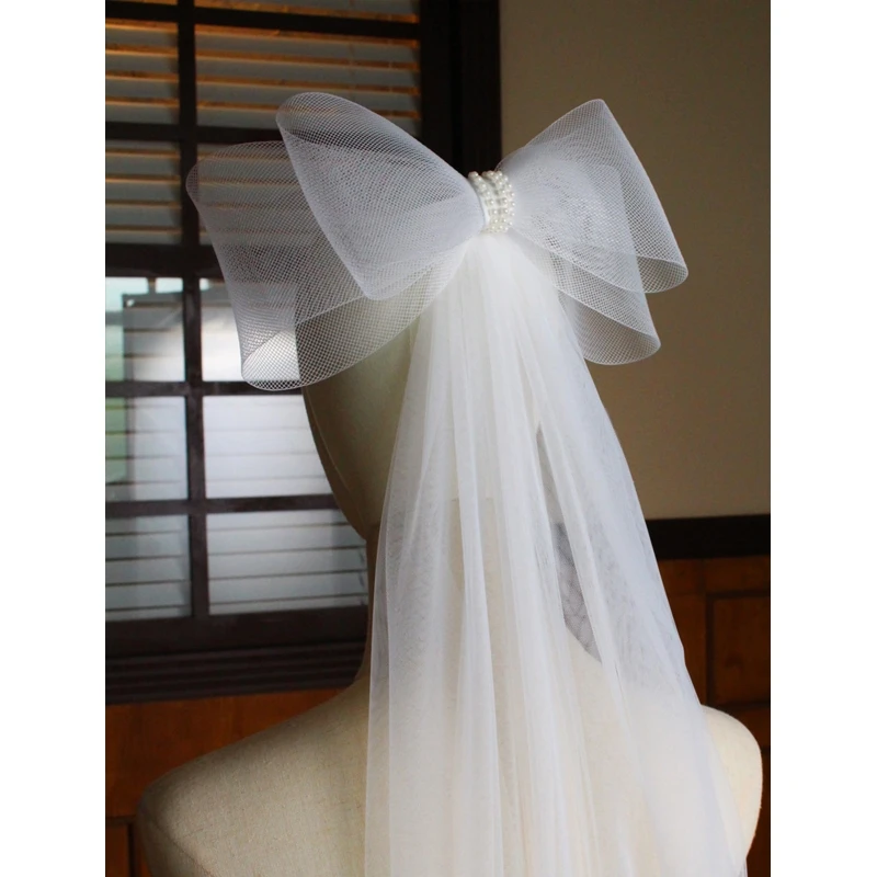 Wedding Bridal Veil Big Bow Decor Ivory White Short Sheer Veils 2 Tiers image 4