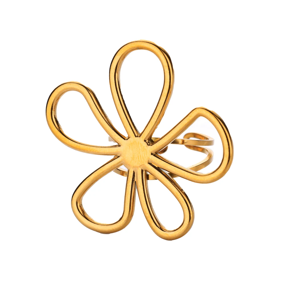 Hollow Flowers Double Layer Rings for Women Stainless Steel Gold Color Open Adjustable Ring Aesthetic Wedding Waterproof Jewelry