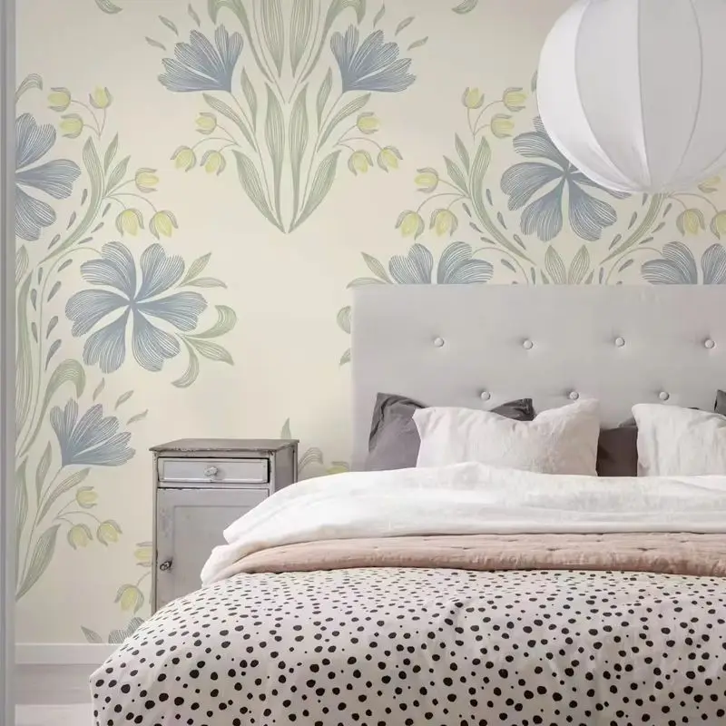 Art Nouveau Wallpaper Peel and Stick,Dusty Blue & Green Floral Print Wall Mural,Vintage Home Decor,Self-adhesive Or Traditional