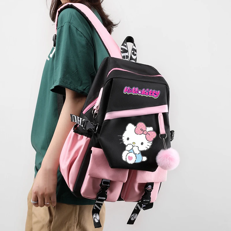 Sac à dos Hello Kitty Cartoon pour adolescents, sac à dos de retour à l'école pour filles et garçons, sac à dos en toile Anime pour enfants, sac à dos étudiant pour femmes