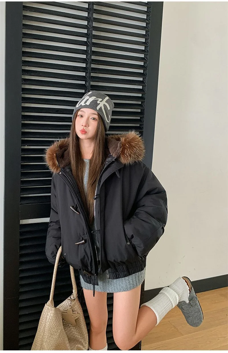 Warm Down jacket Ladies Pai Overcome Winter 2026 New Cotton Padded Coat Women Parkas Horn Hooded Outcoat Big fur collar Overcoat