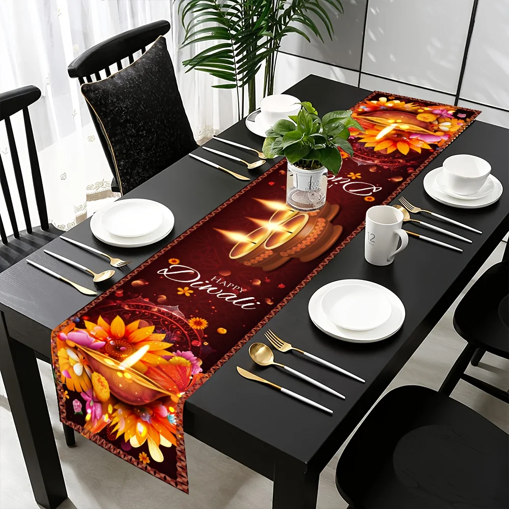 Happy Diwali Festival of Lights Linen Table Runner Holiday Party Decor Reusable Kitchen Dining Table Runner Diwali Decorations