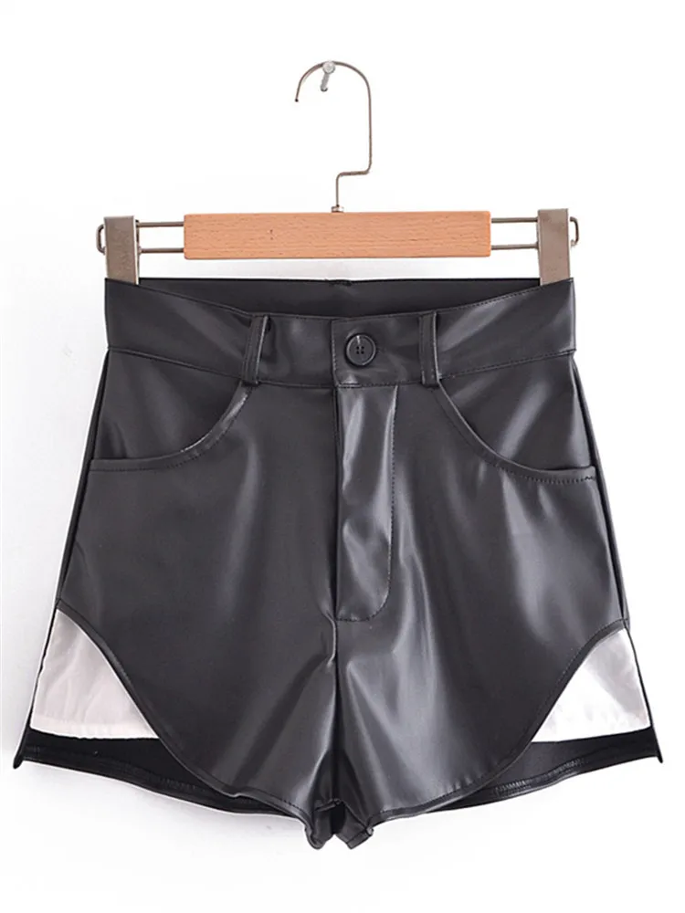 

Women's Leather Shorts Stylish Shorts With Contrasting Color Panels Fitted Leather Trousers That Button And Zip At The Waist