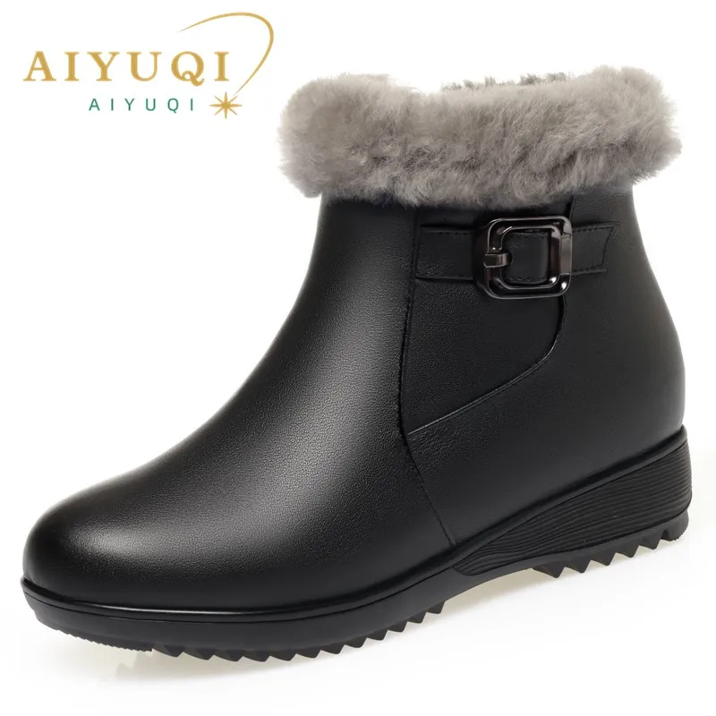 AIYUQI Booties Women 2025 New Genuine Leather Anti Slip Mom Shoes Large Size Wedge Natural Wool Winter Women's Snow Boots