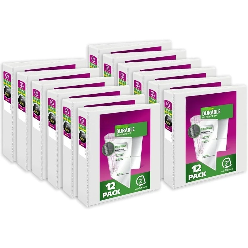 

Durable View 3 Ring Binders for Home, School Supplies, Office, or Organization Needs, 2" Slant Ring, 12 Pack White Binders