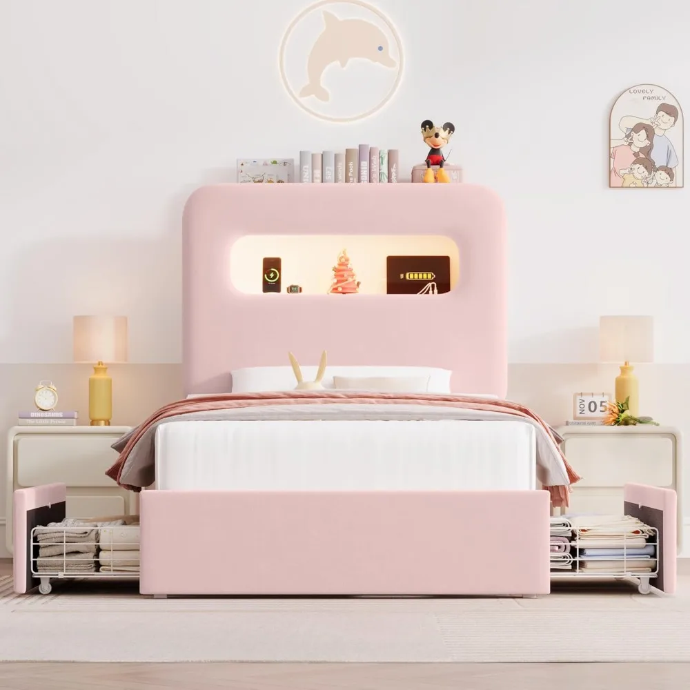 Twin LED Bed Frame with Storage Headboard, Girls Bed Frame with 2 Drawers and USB Ports, Velvet Upholstered Platform Beds Frames