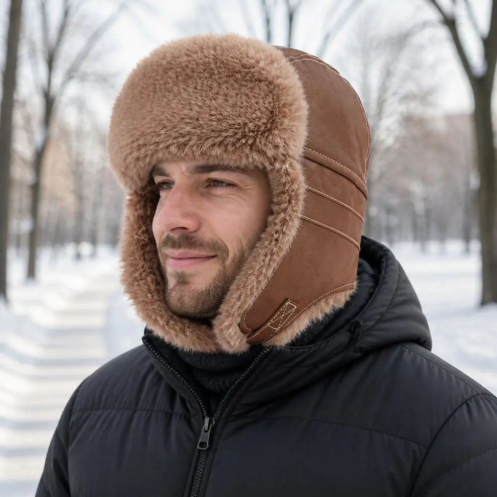 New Faux Fur Lining Trapper Hat Fastening Chin Strap Waterproof Earflap Hat Warm Bomber Hat Winter Outdoor Wear