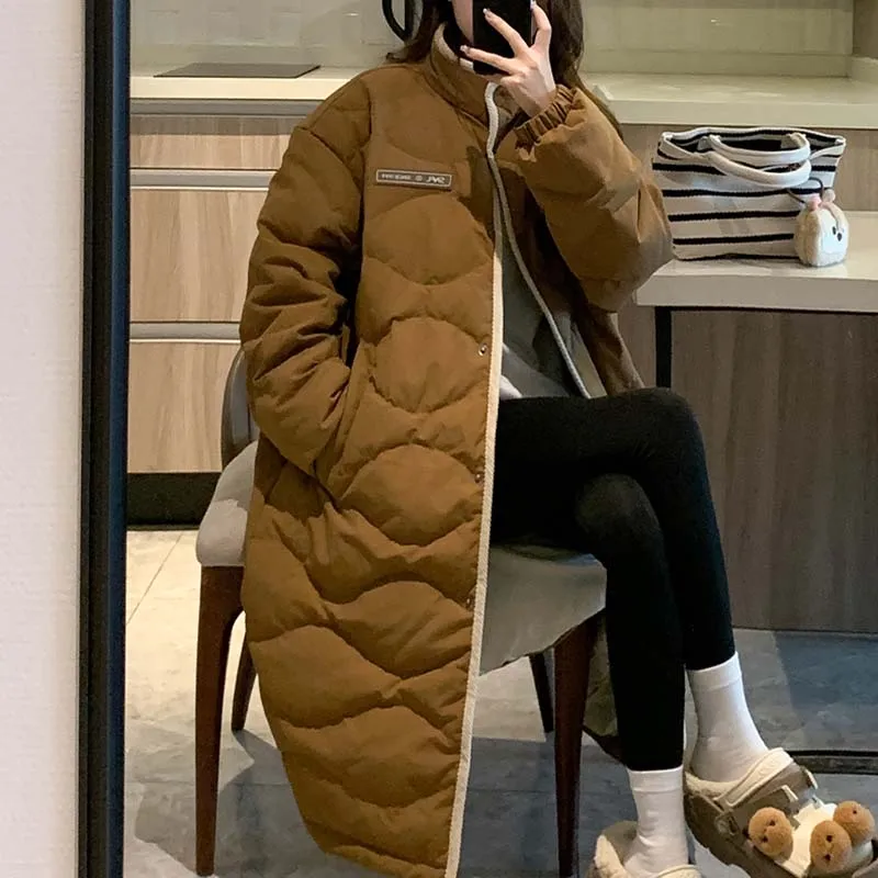 Women Solid Winter Down Jacket Letter Cotton Thicken Warm Coat Korean Fashion Loose Long Sleeved Stand Collar Oversized Parkas