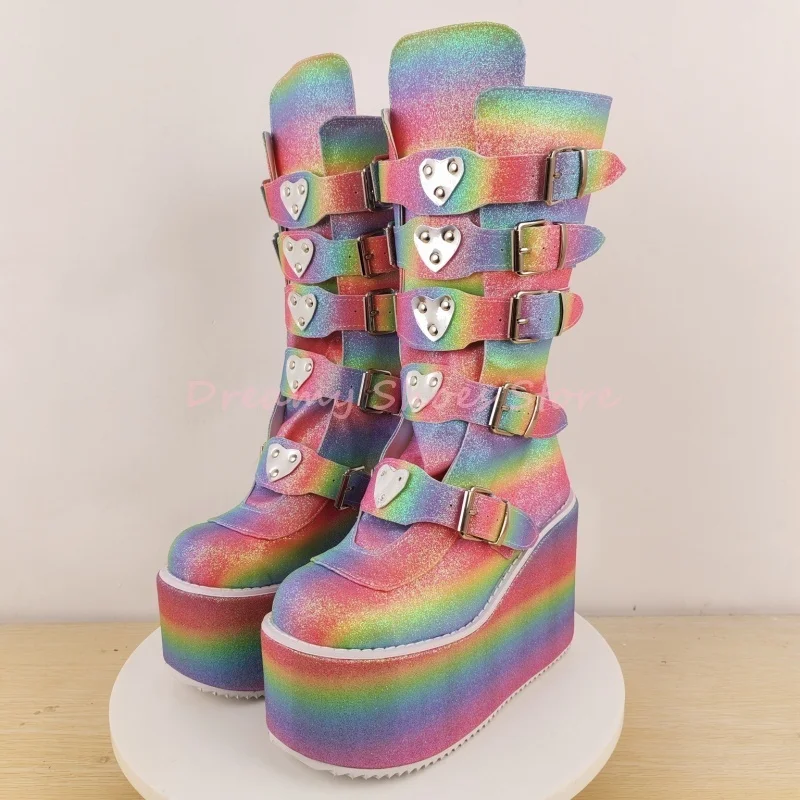 

Rainbow Gradient Buckle Strap Wedges Platform Boots Women Back Zipper Chunky Heels Knee High Boots Fashion Party Prom Shoes New