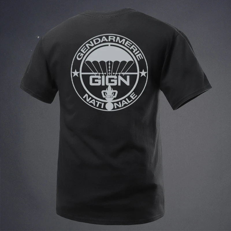 2026 Summer New French GIGN Tactical Team Men's T-shirt Loose Cotton Long-sleeved Large Size Short Sleeve with Emblem Design
