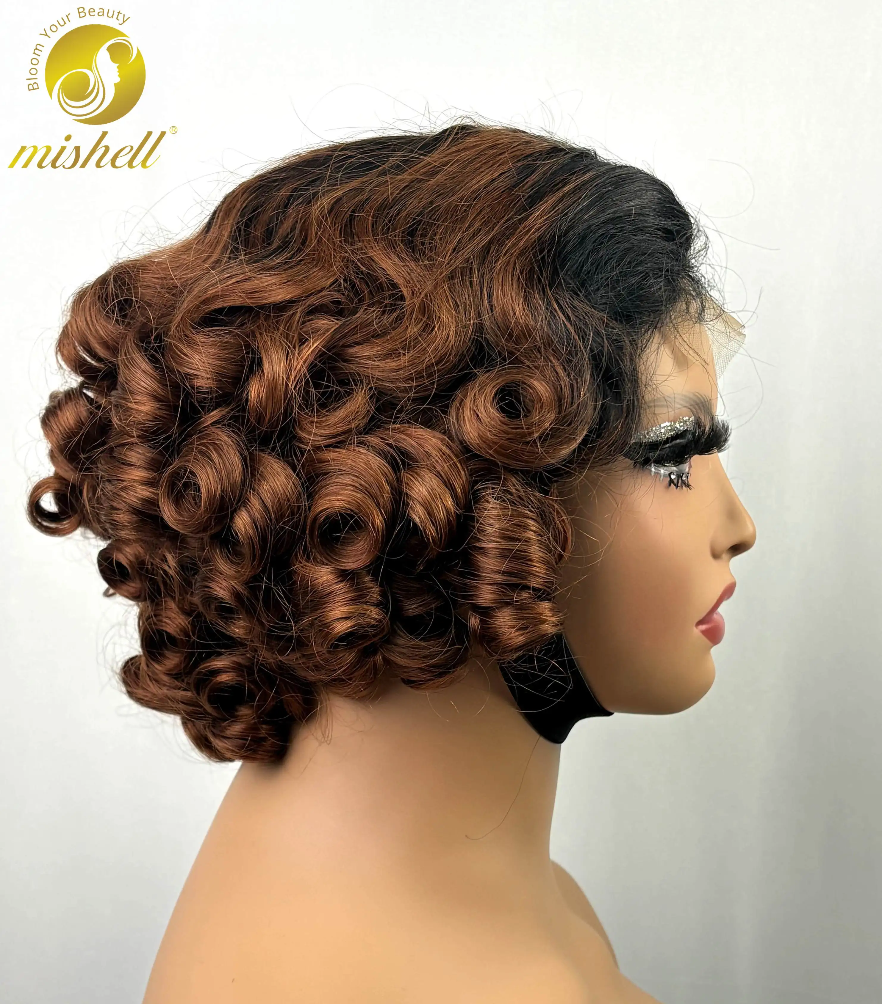 

250% Density 4x4 Transparent Lace Closure Bouncy Curly Human Hair Wigs Short Loose Fumi Side Part Colored Bob Wigs for Women