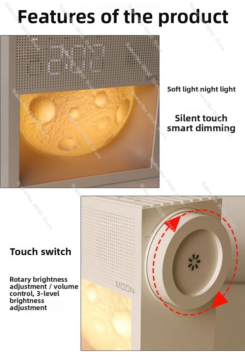 LED light | Bedroom smart moon desktop light | Bedside white noise alarm clock | Desk lamp clock 2-in-1